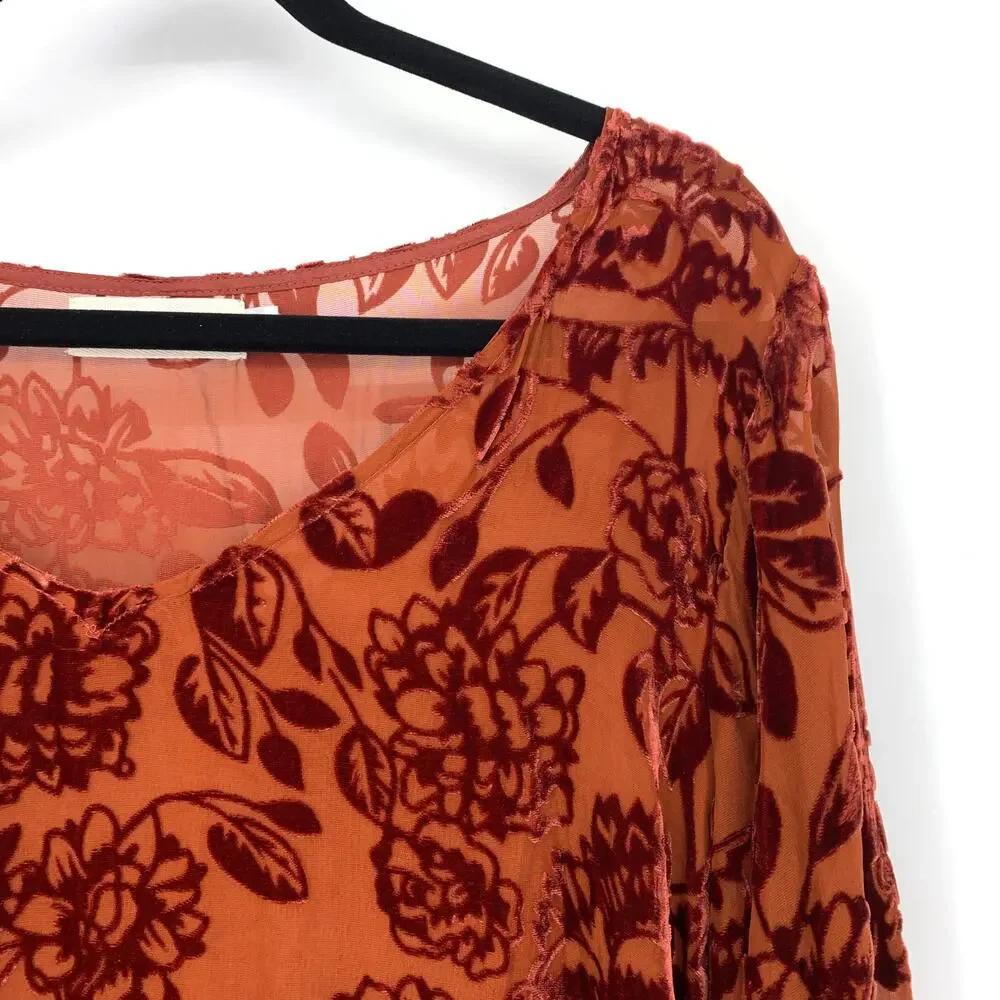 4 Love & Liberty Johnny Was Silk Rayon Velvet Burnout Top Floral Rust Brown XL